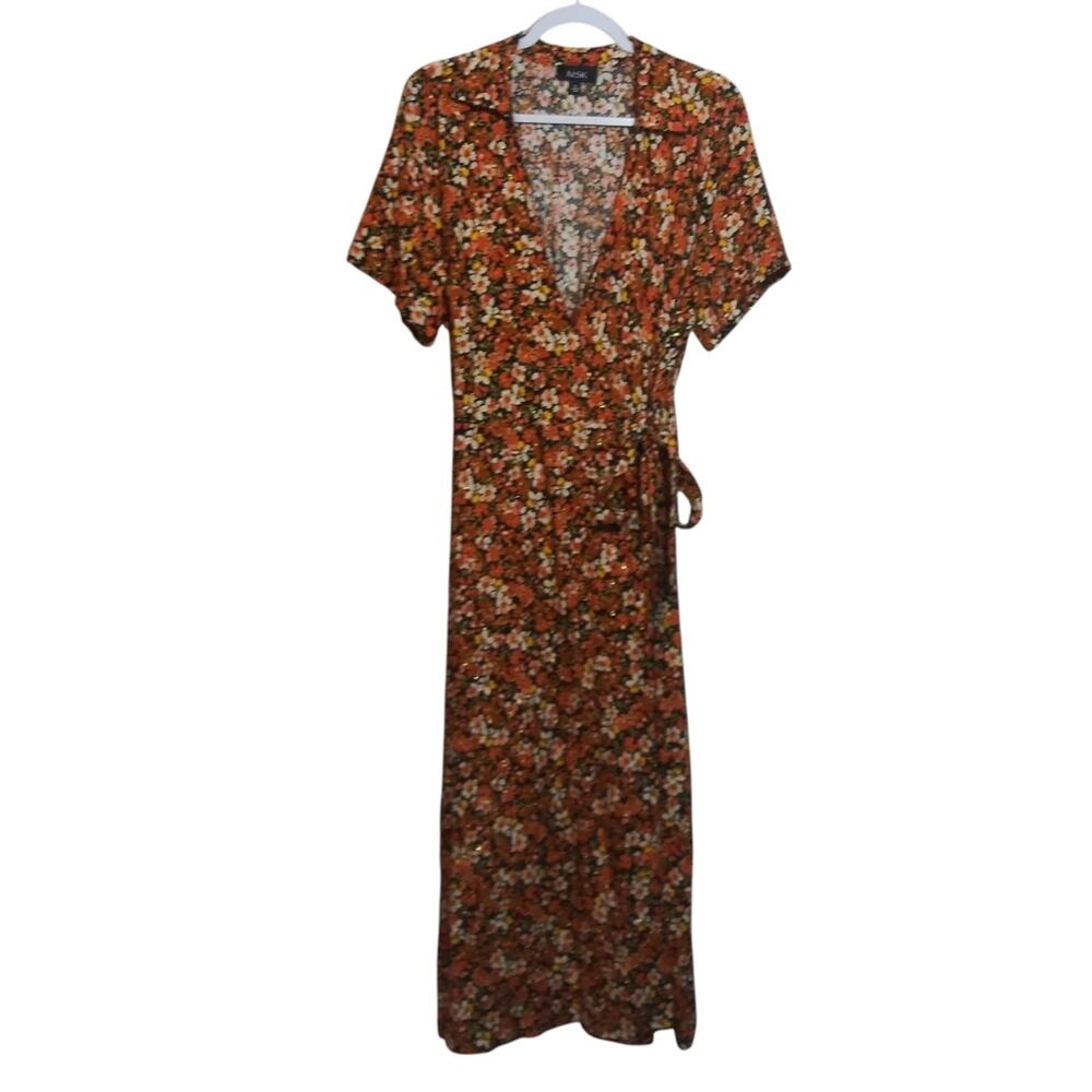 MSK Floral V-Neck Wrap Short Sleeve Dress Orange Metallic Midi Size 1X
